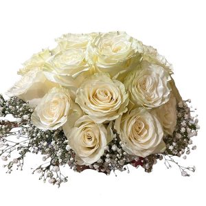 Bouquet romántico rosa mondial blanco compacto, con cobertura de paniculata