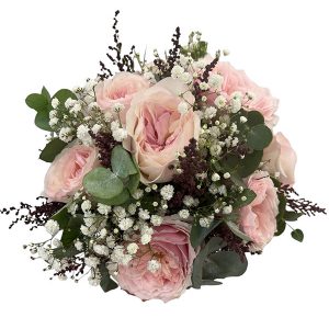 Bouquet de rosa inglesa en tono rosado con lavanda, astilbe rosa fuerte, eucalyptus y paniculata