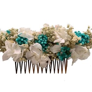 Peineta flor preservada en tonos blancos y azul turquesa