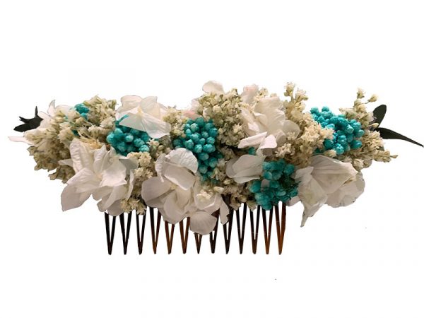 Peineta flor preservada en tonos blancos y azul turquesa