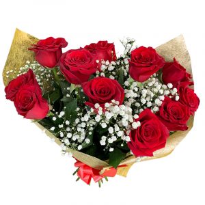 Ramo de 11 rosas rojas con eucalipto, lentisco y paniculata