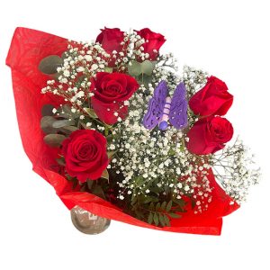 Ramo de 6 rosas rojas y pick decorativo