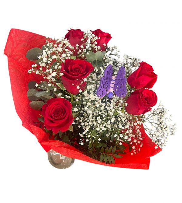 Ramo de 6 rosas rojas y pick decorativo