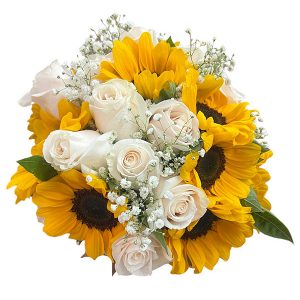 Ramo de novia compacto compuesto por girasoles, rosa vendela y paniculata