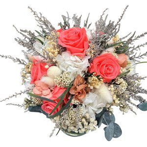 Ramo preservado hortensia blanca, paniculata, stoebe gris, laguris, rice flower, craspedia blanca, hortensia maquillaje
