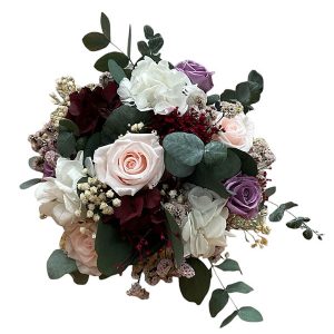 Ramo de novia preservado hortensia blanca, eucalyptus, rosa nudo, malva, paniculata y hortensia granate