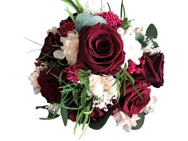 Ramo de novia preservado en tonos rojos