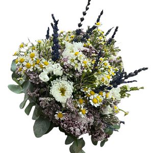 Ramo de novia silvestre de lavanda con flor de cera, bouvardia limonium, tanacetum y eucalyptus